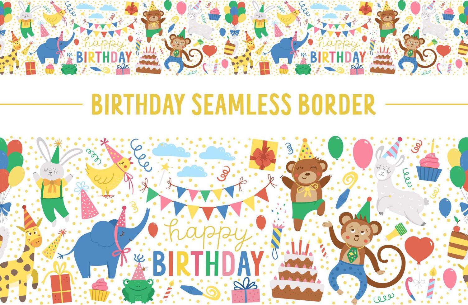 Vector horizontal seamless pattern brush with happy Birthday elements. Traditional anniversary party repeating background. Funny border holiday design for banners, posters, invitations.