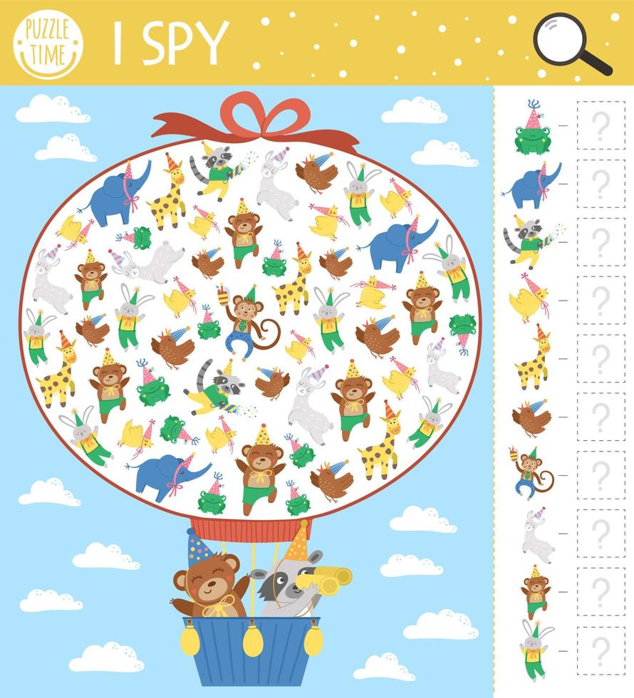 Birthday I spy game for kids. Searching and counting activity for preschool children with cute animals flying in hot air balloon. Funny party printable worksheet for kids. Simple festive puzzle. vector