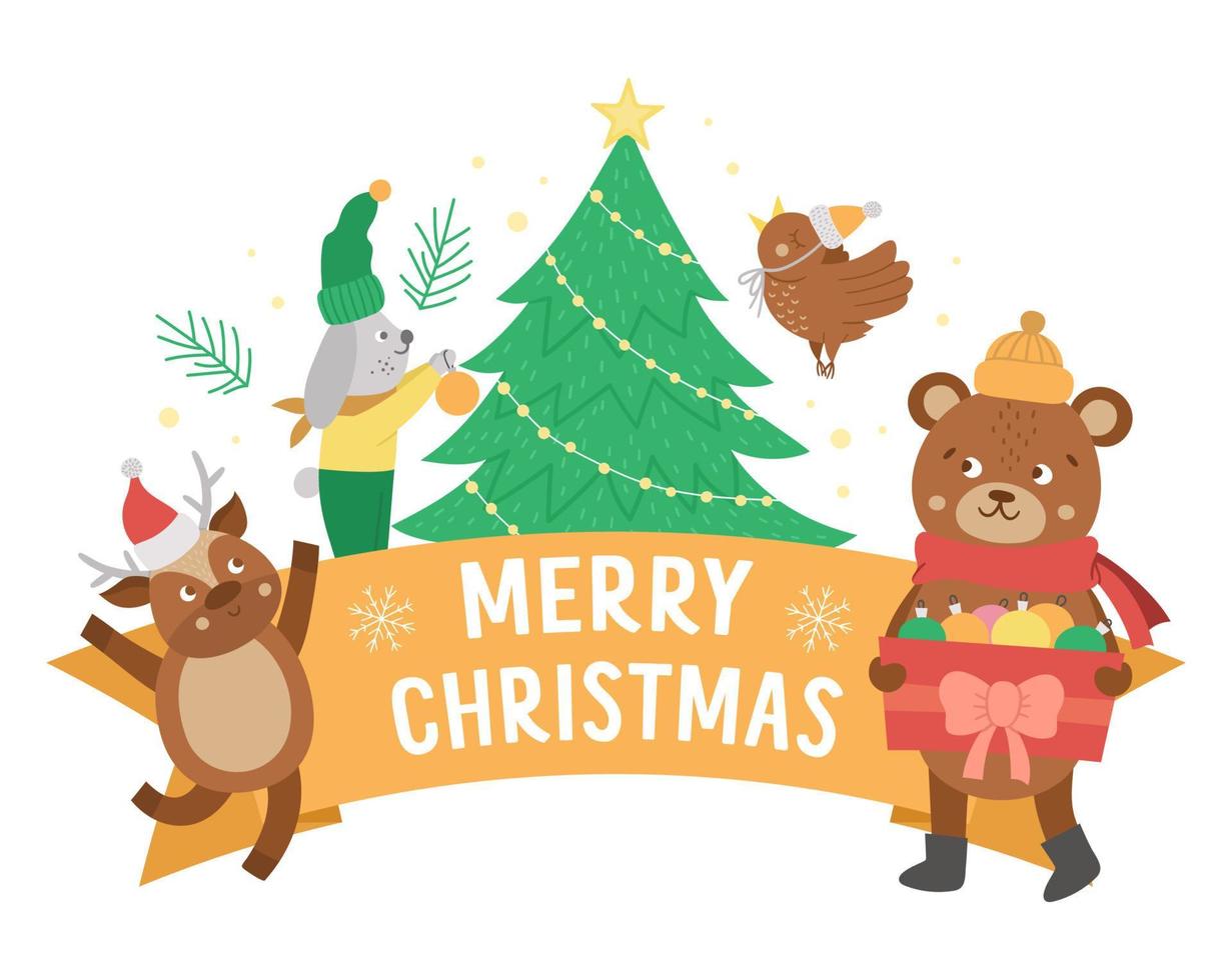 Vector Merry Christmas composition with text, cute animals, fir tree. Funny winter holiday background design for banners, posters, invitations. New Year card template