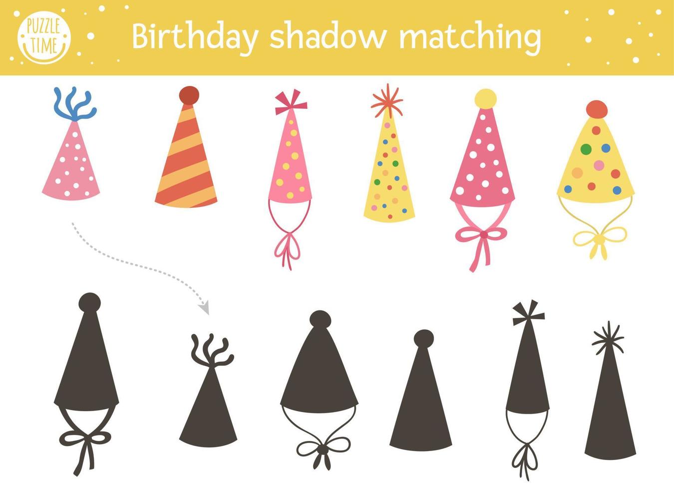 Birthday shadow matching activity for children. Fun puzzle with cute party hats. Holiday celebration educational game for kids. Find the correct silhouette printable worksheet. vector