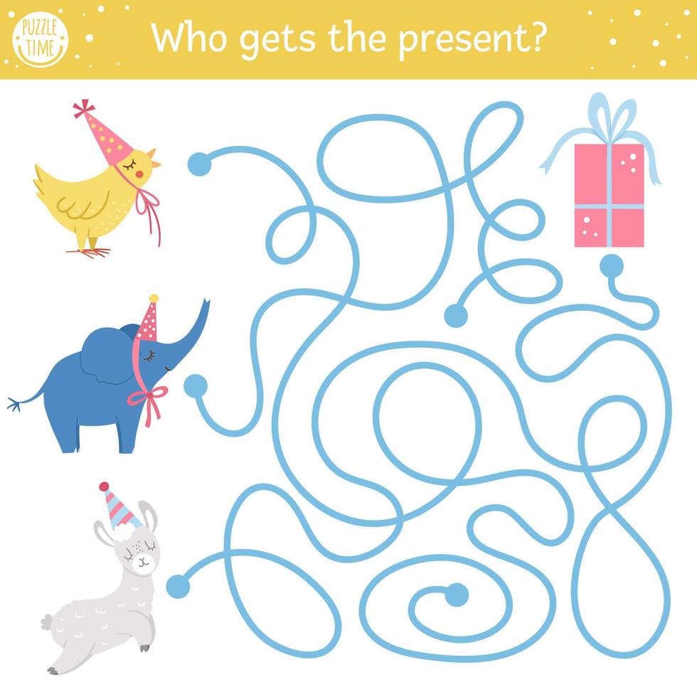 Birthday maze for children. Holiday preschool printable educational activity. Funny b-day party game or puzzle with cute animals and gift box. Who gets the present vector