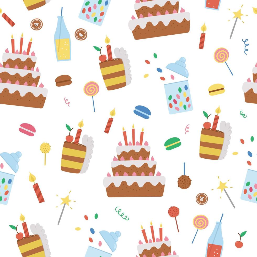Vector seamless pattern with cute cake, candles, sweets. Party celebration repeating Birthday background. Vector holiday digital paper with bright festive candy bar elements