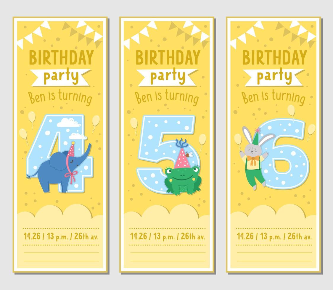 Set of Birthday party greeting card templates with cute animals and 4, 5, 6 numbers. Anniversary vertical poster or invitation for kids. Holiday bookmark illustration with elephant, frog, rabbit vector