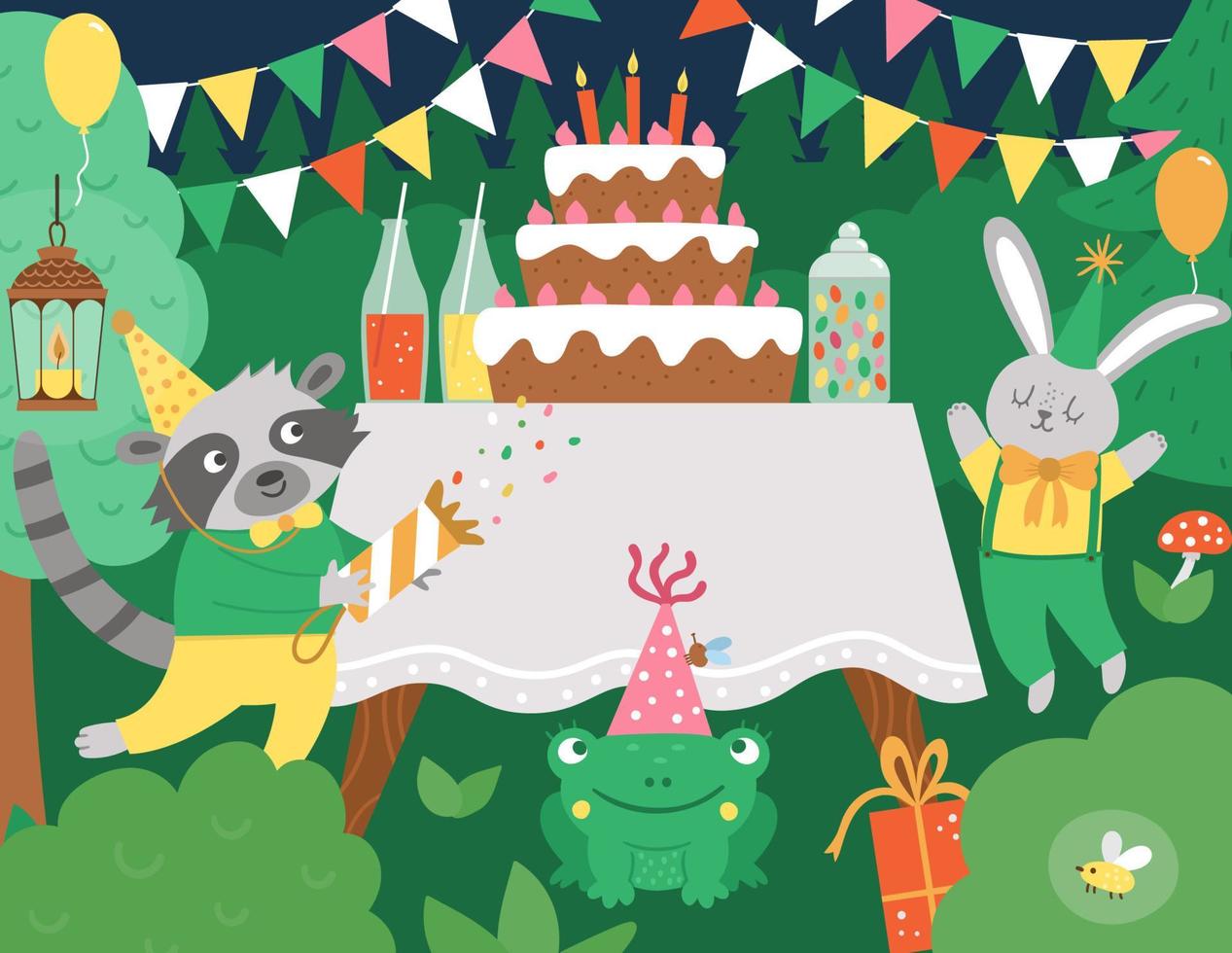 Fondo de bosque de fiesta de cumpleaños de vector con animales lindos y mesa con pastel. divertida escena navideña con barra de chocolate, conejo, mapache, rana. Ilustración de paisaje festivo de bosque nocturno.