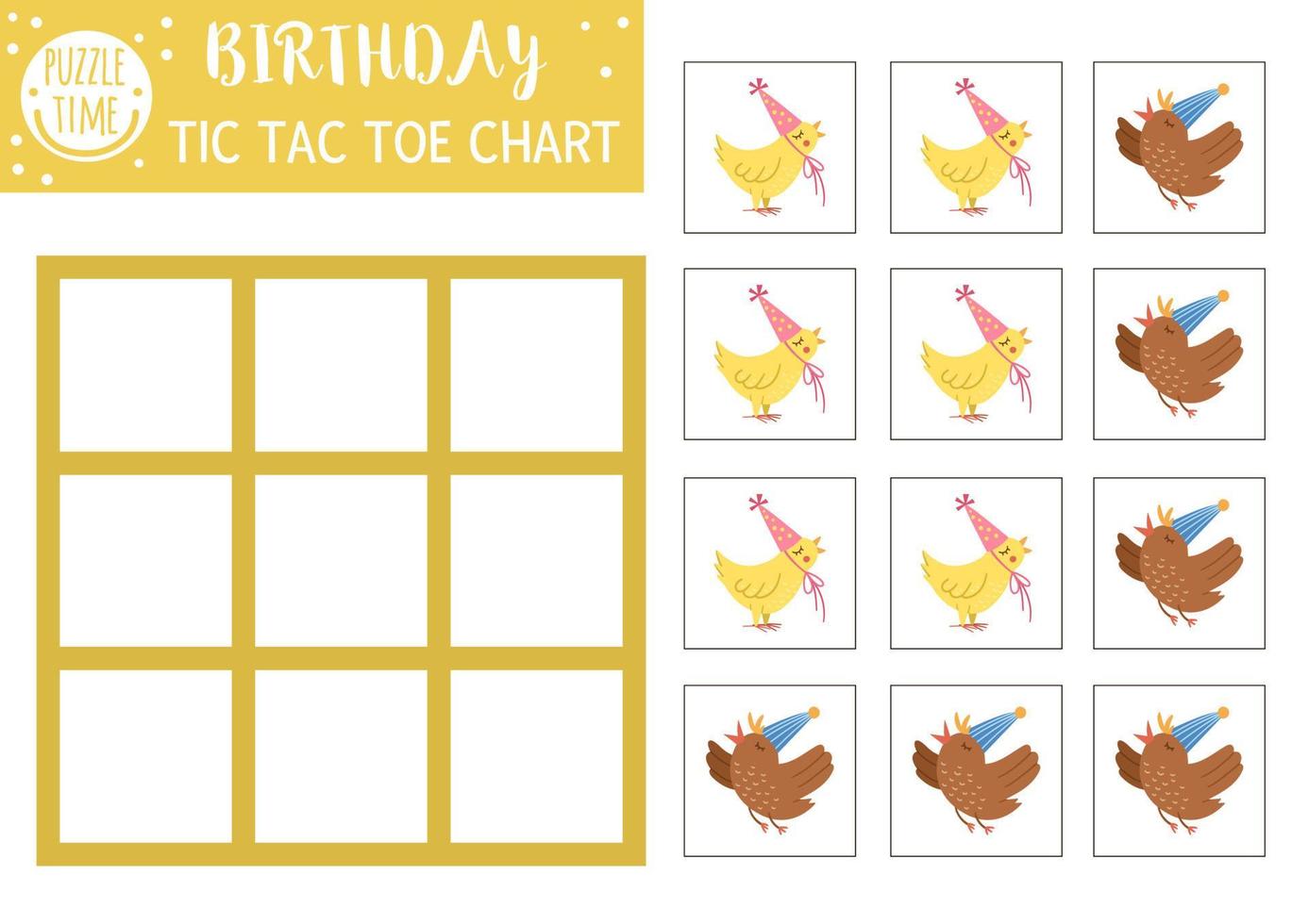 Vector Birthday tic tac toe chart with cute birds. Holiday board game playing field with traditional characters. Funny party recreational printable worksheet for kids. Noughts and crosses grid