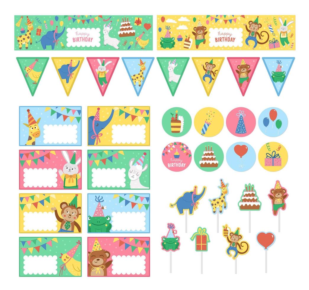 Set of Birthday party templates with cute animals. Anniversary greeting and placement card, toppers, avatars and flags collection. Bright pre-made holiday event designs for kids. Candy bar decoration vector