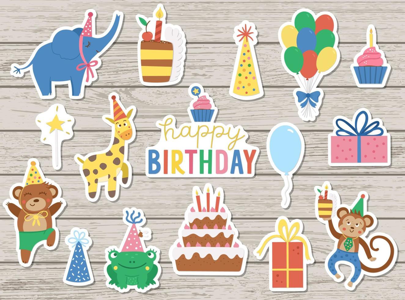 Set of cute cheerful stickers with animals in party hats on wooden background. Birthday party celebration clipart collection. Vector holiday pack with bright present, cake with candles, balloon