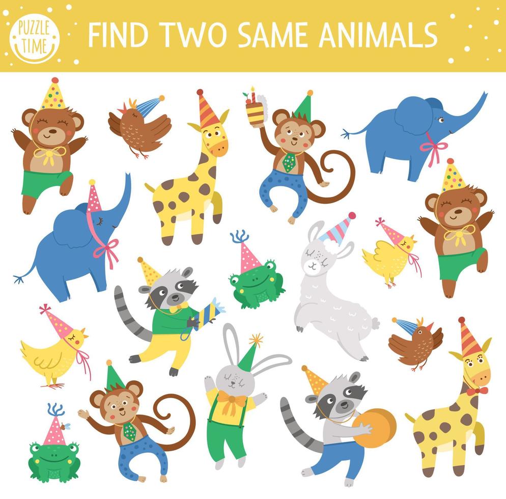 encontrar dos mismos animales. Actividad de emparejamiento de vacaciones para niños. divertida hoja de trabajo de prueba lógica de cumpleaños educativo para niños. sencillo juego de celebración imprimible con simpáticos personajes con sombreros de cono vector