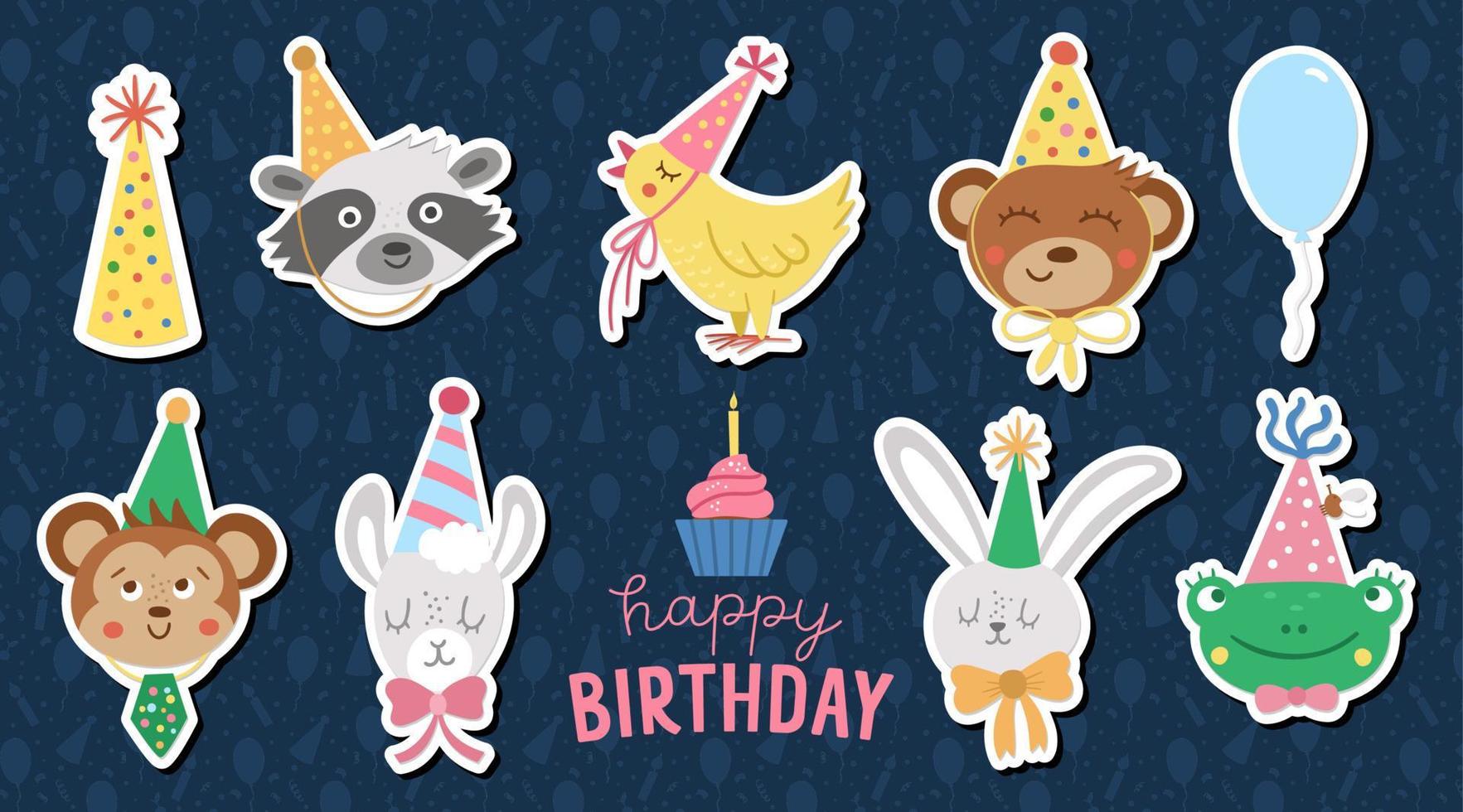 Set of vector stickers with cute animal faces in party hats. Happy birthday avatars collection. Funny holiday illustration of bear, frog, llama, raccoon, hare, monkey for kids. Celebration icons pack