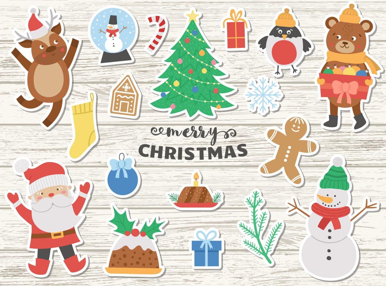 gran paquete de pegatinas de Navidad de vector sobre fondo de madera. clipart tradicional. colección de año nuevo con santa claus, ciervo, abeto, presente. conjunto de iconos de estilo plano de vacaciones de invierno