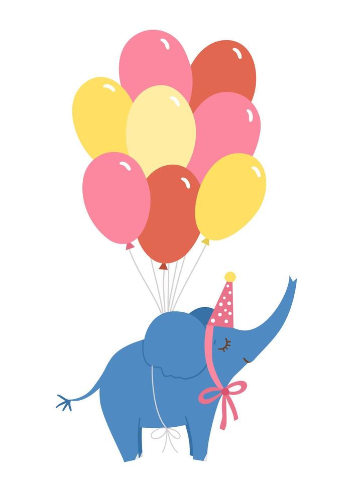 Cute vector elephant in party hat flying on colored bunch of balloons. Adorable animal illustration. Funny birthday clipart for card, poster, print design. Bright holiday picture for kids.
