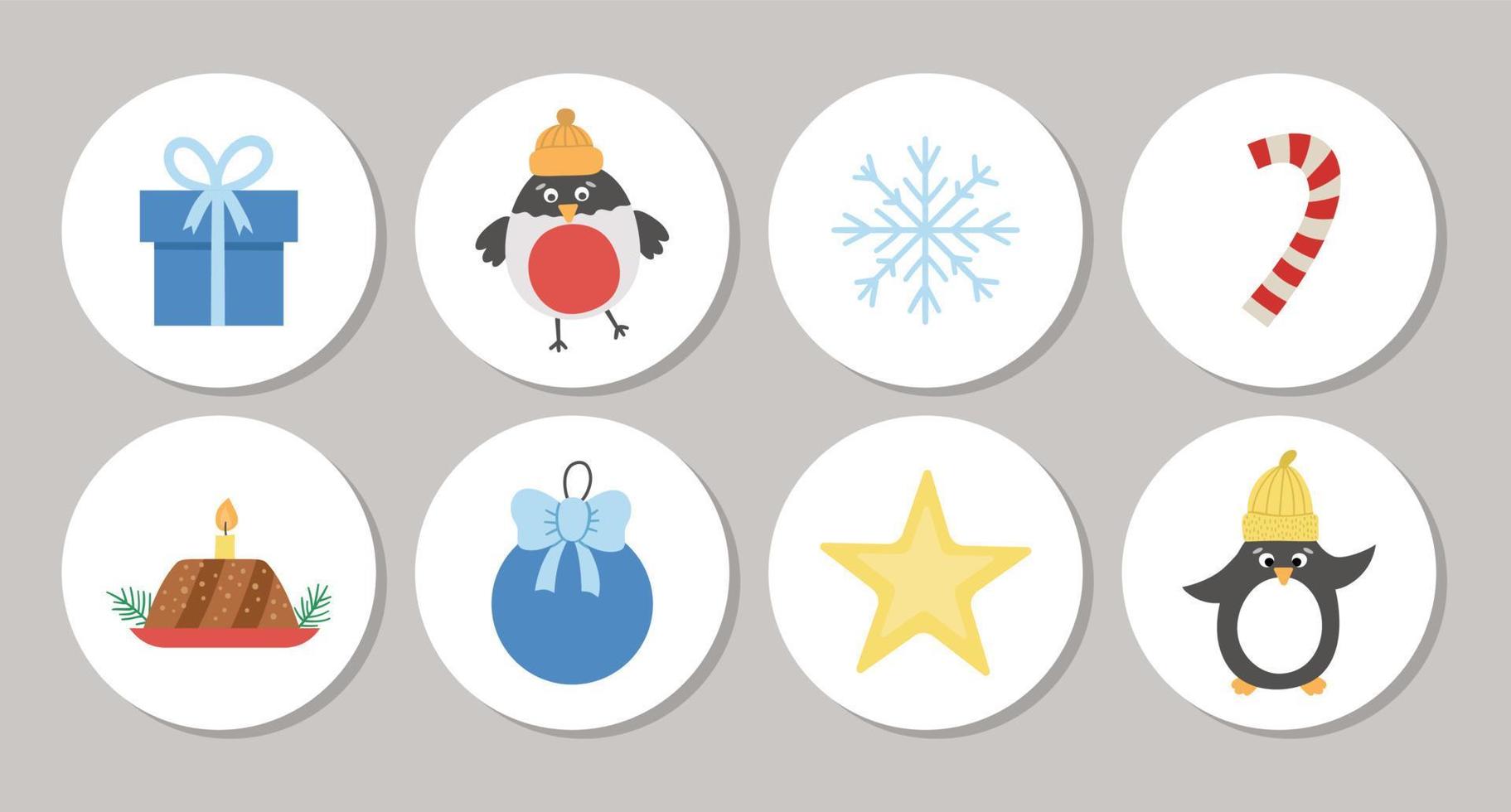 lindo conjunto de iconos de resaltado navideño redondos o diseños de tarjetas con pájaro, presente, pingüino, estrella, camachuelo, copo de nieve. Vector de vacaciones de invierno pin o diseño de placa aislado sobre fondo blanco.