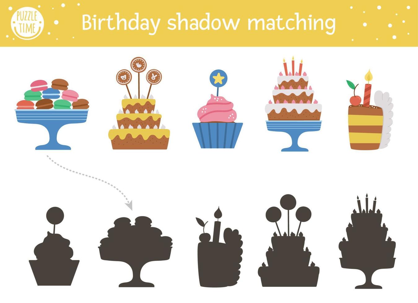 Actividad de emparejamiento de sombras de cumpleaños para niños. divertido rompecabezas con lindos postres para fiestas. Juego educativo de celebración navideña para niños con pasteles y velas. encontrar la silueta correcta imprimible vector