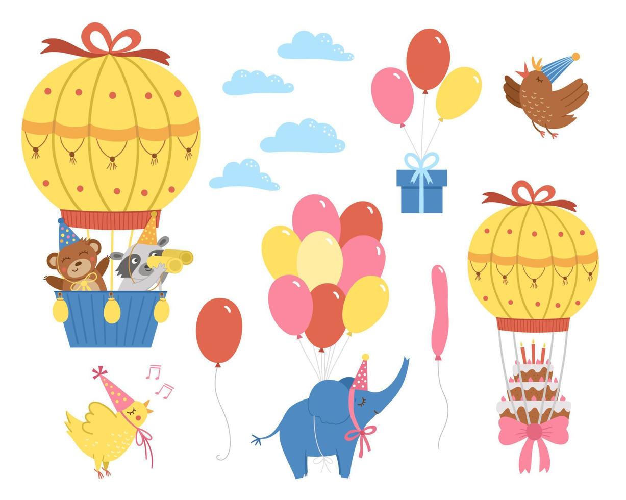 vector conjunto de globos de aire caliente, animales lindos, pájaros y nubes. adorable paquete de personajes voladores. divertida colección de imágenes prediseñadas de cumpleaños para tarjetas, carteles, diseño de impresión. ilustración brillante fiesta navideña