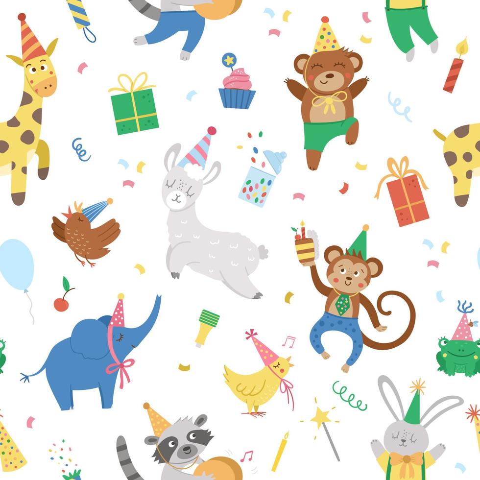 Vector seamless pattern with cheerful animals in party hats. Birthday party celebration repeating background. Vector holiday digital paper with bright present, cake with candles, balloon.