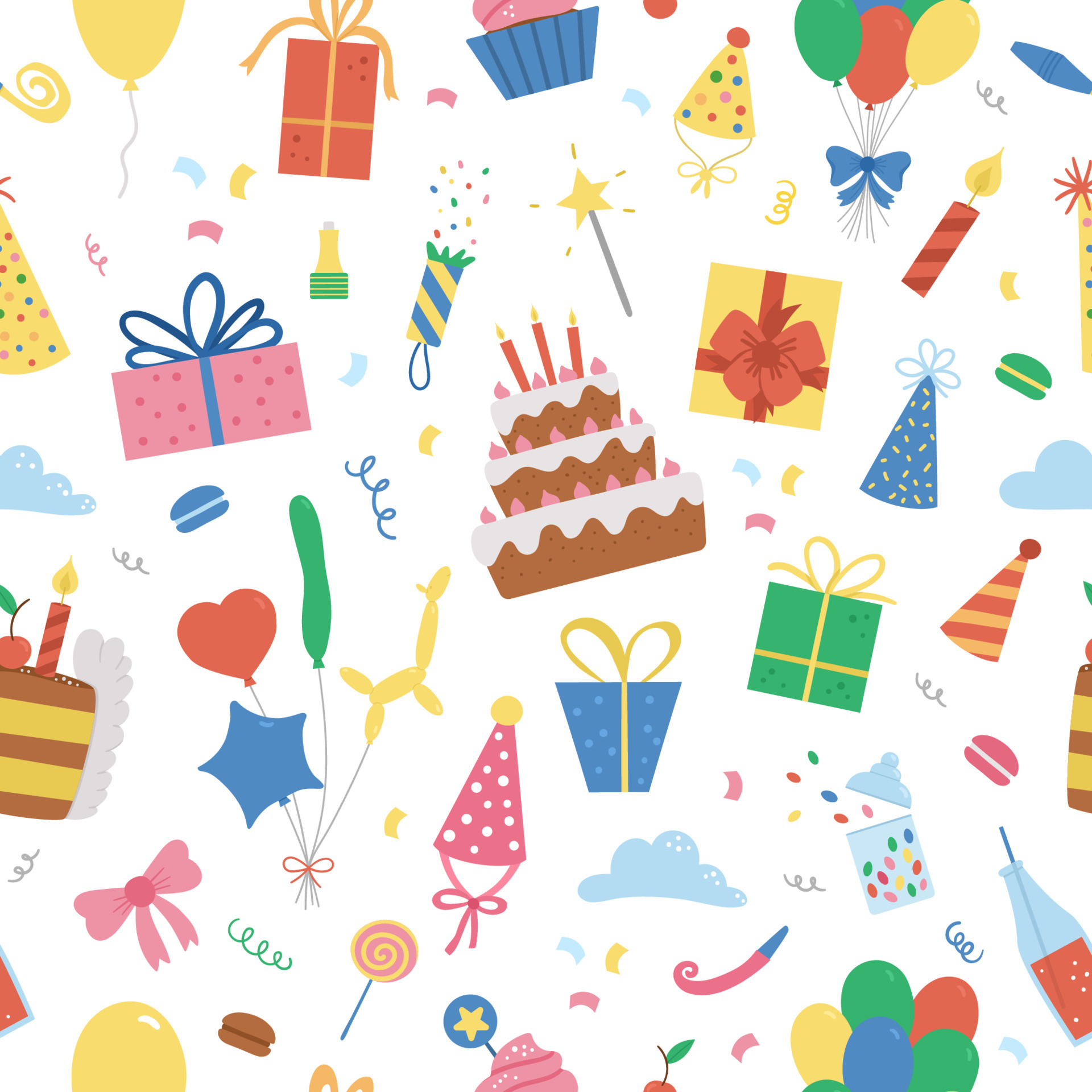 Vector seamless pattern with cute happy Birthday design elements. Party