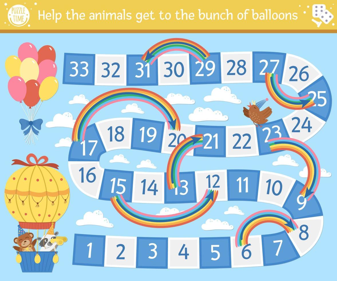 Birthday board game for children with cute animals in hot air balloon. Educational holiday boardgame with clouds, rainbows and balloons. Party activity for kids. vector