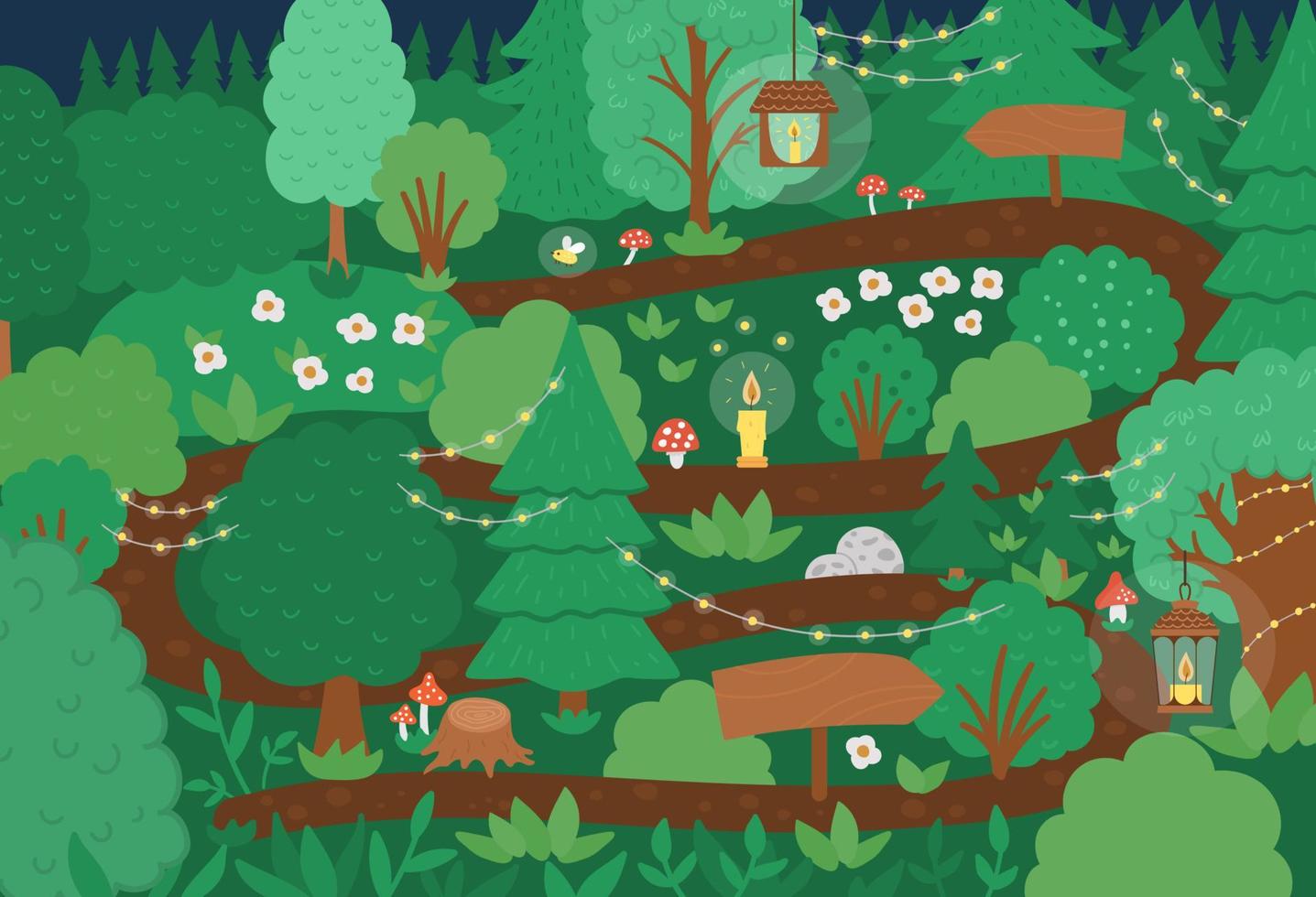 Vector Birthday party forest background with path leading to a clearing. Funny holiday night woodland scene with garlands, candles, road signs. Flat illustration for children.