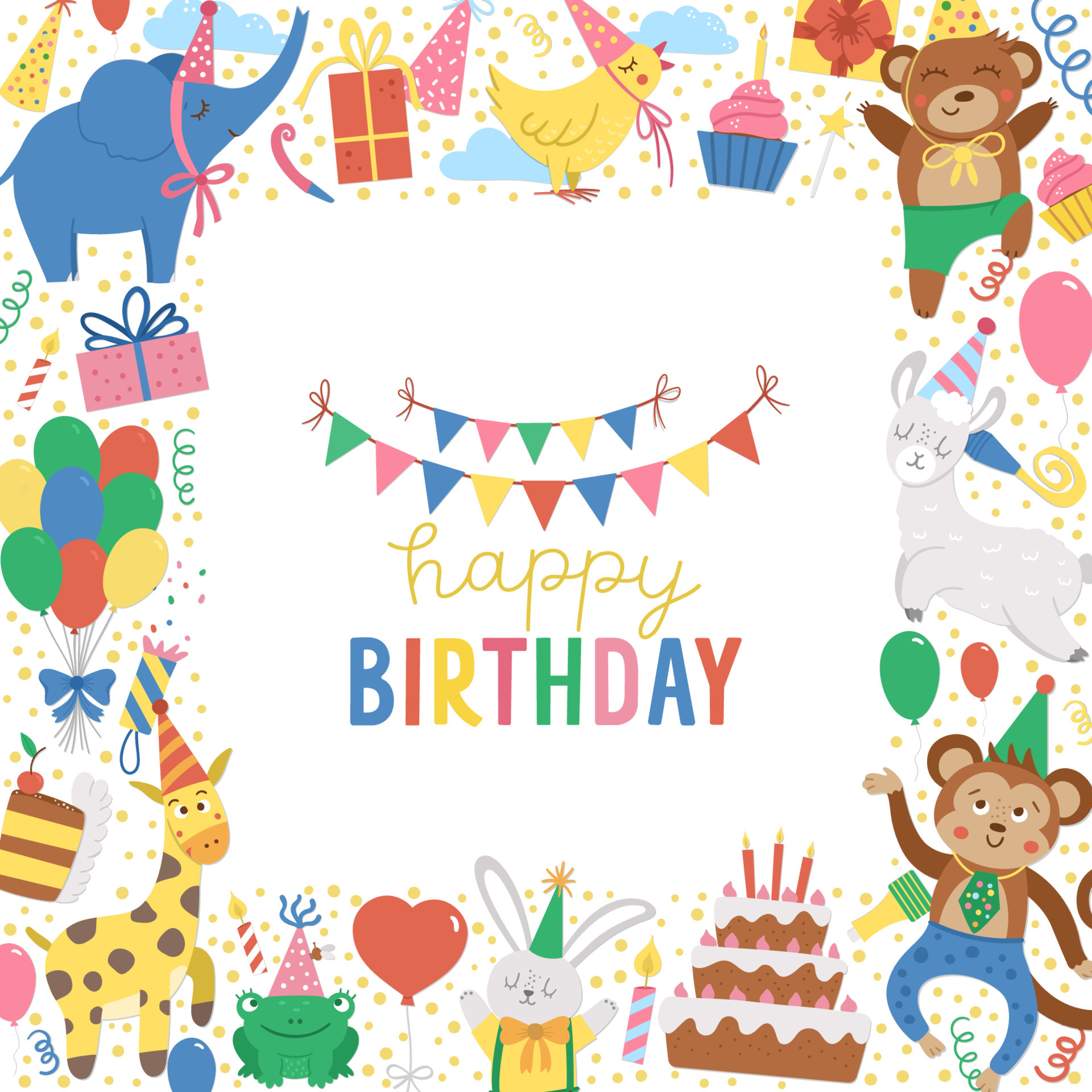 Vector square frame with happy Birthday elements. Traditional anniversary  party clipart. Funny design for banners, posters, invitations. Cute festive  holiday card template with cute animals. 4675216 Vector Art at Vecteezy