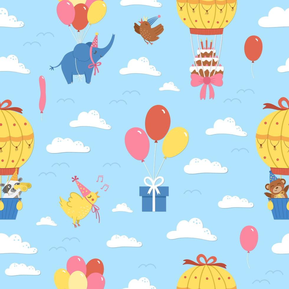 Vector seamless pattern with hot air balloons, cute animals, birds and clouds. Holiday repeating background with adorable flying characters. Funny birthday digital paper for kids.