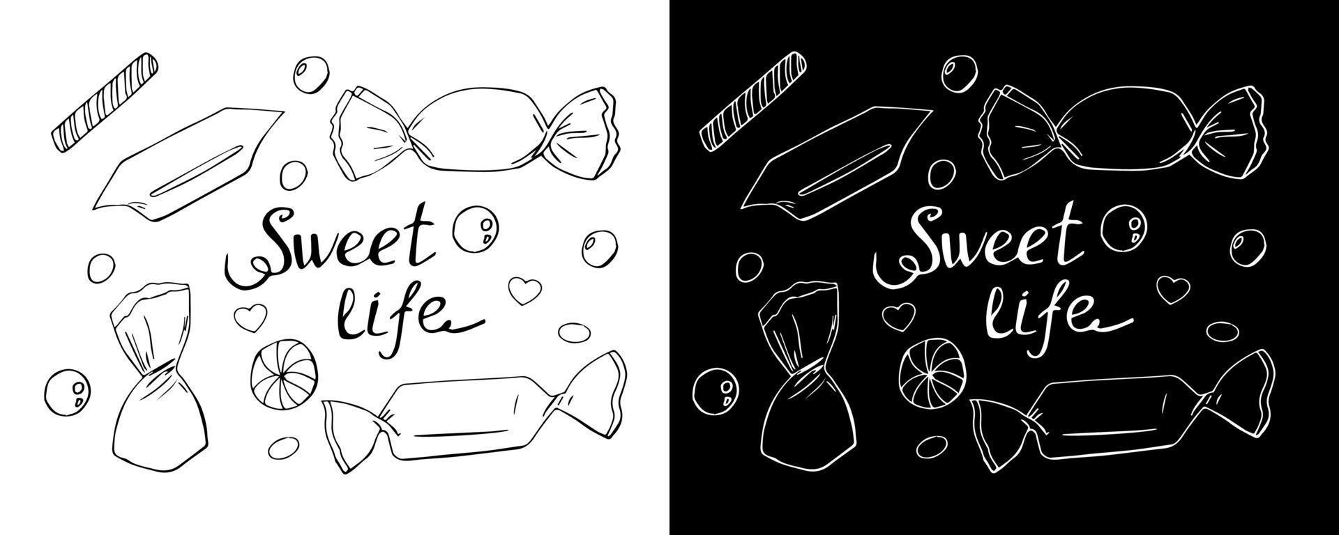 Candy doodle sketch set. Sweet life lettering. Vector illustration.