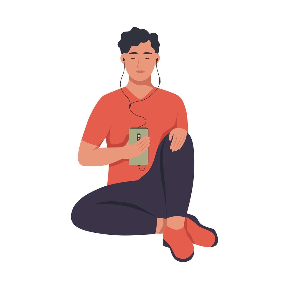 un joven está sentado en el suelo con un teléfono móvil en auriculares. el chico escucha un audiolibro, podcast, música. ilustración vectorial plana vector