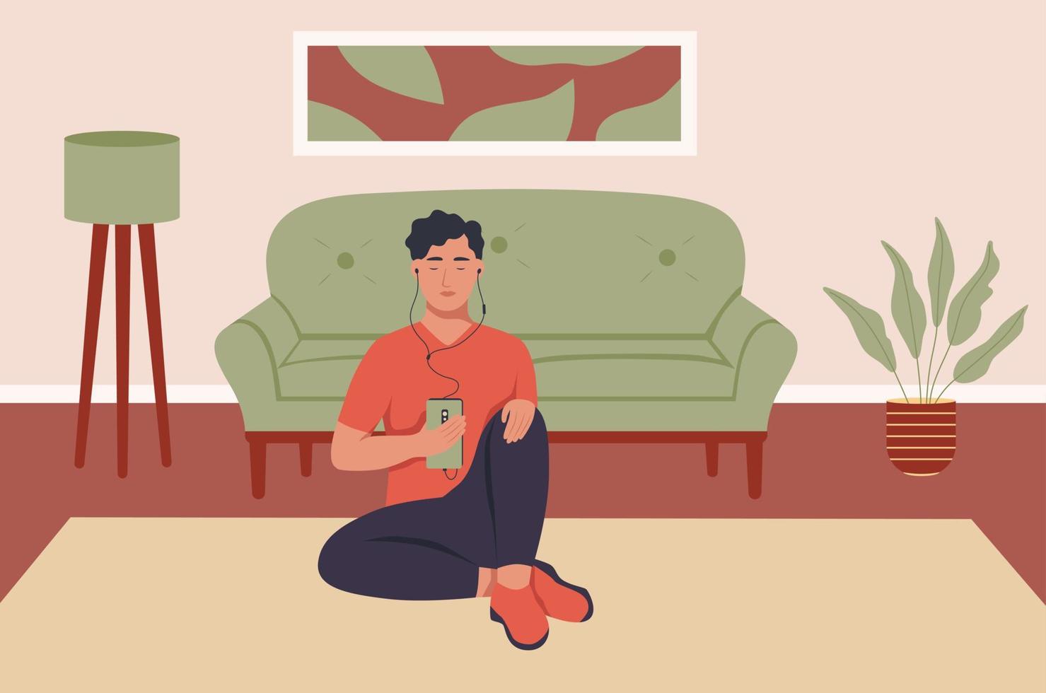 un joven con auriculares y un teléfono en casa. el chico escucha música, podcast, audiolibro. ilustración vectorial plana vector