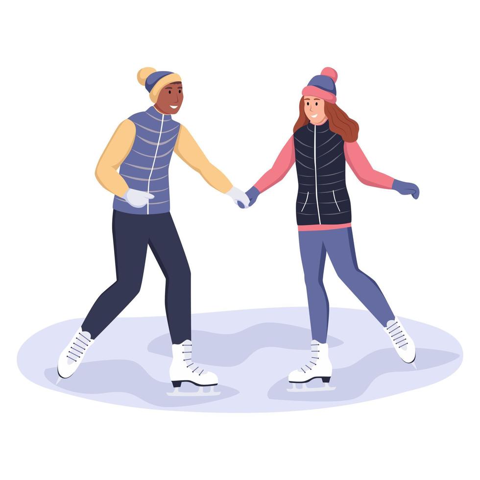 un joven y una mujer patinan en invierno. una pareja enamorada se está divirtiendo en una cita. ilustración vectorial plana vector