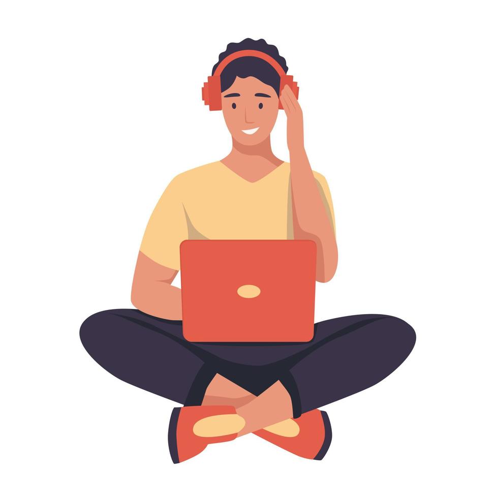 A young man with headphones is sitting on the floor with a laptop. Audiobook, podcast, online work, music. Flat vector illustration