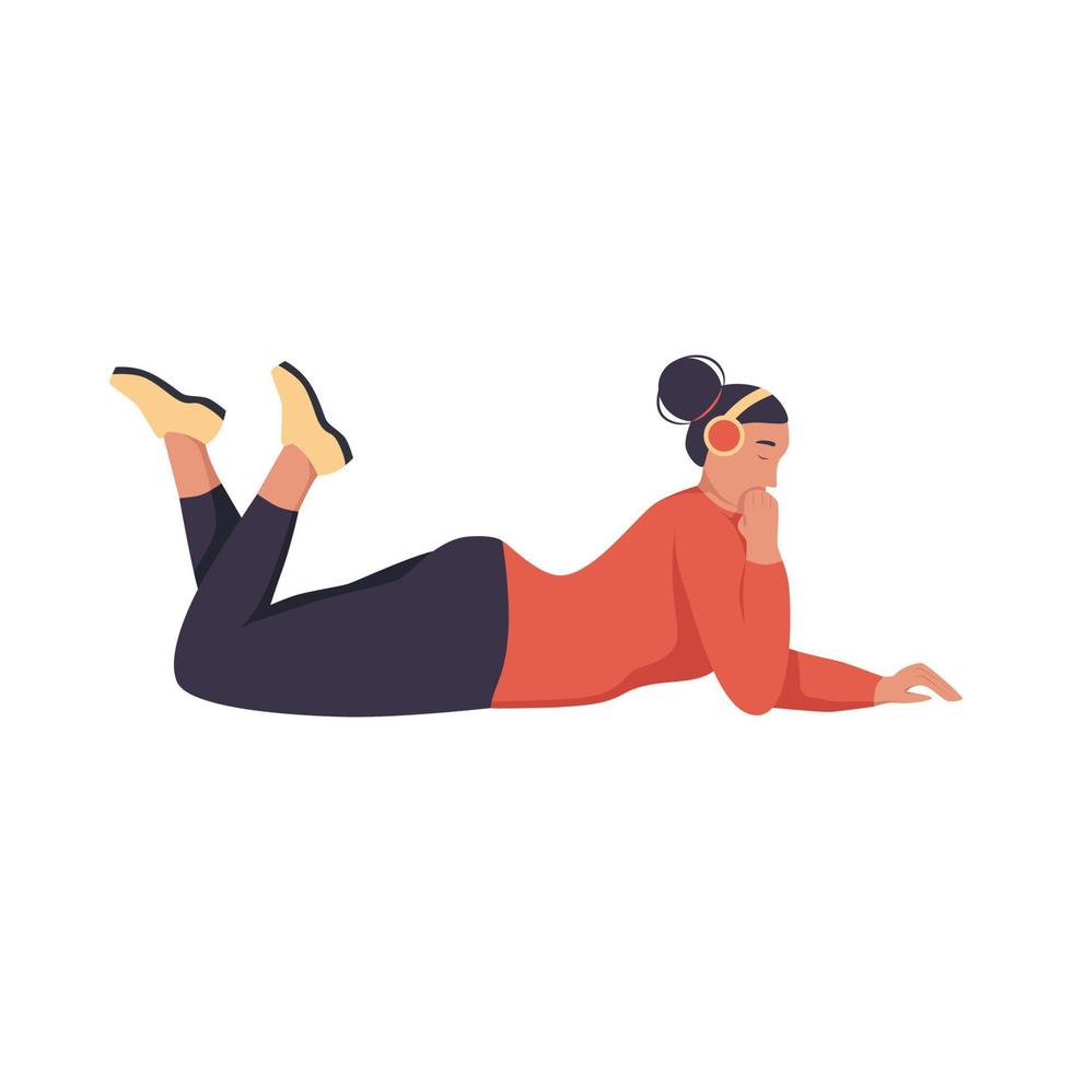 A young woman with headphones is lying on the floor. The girl listens to music, podcast, audiobook. Flat vector illustration