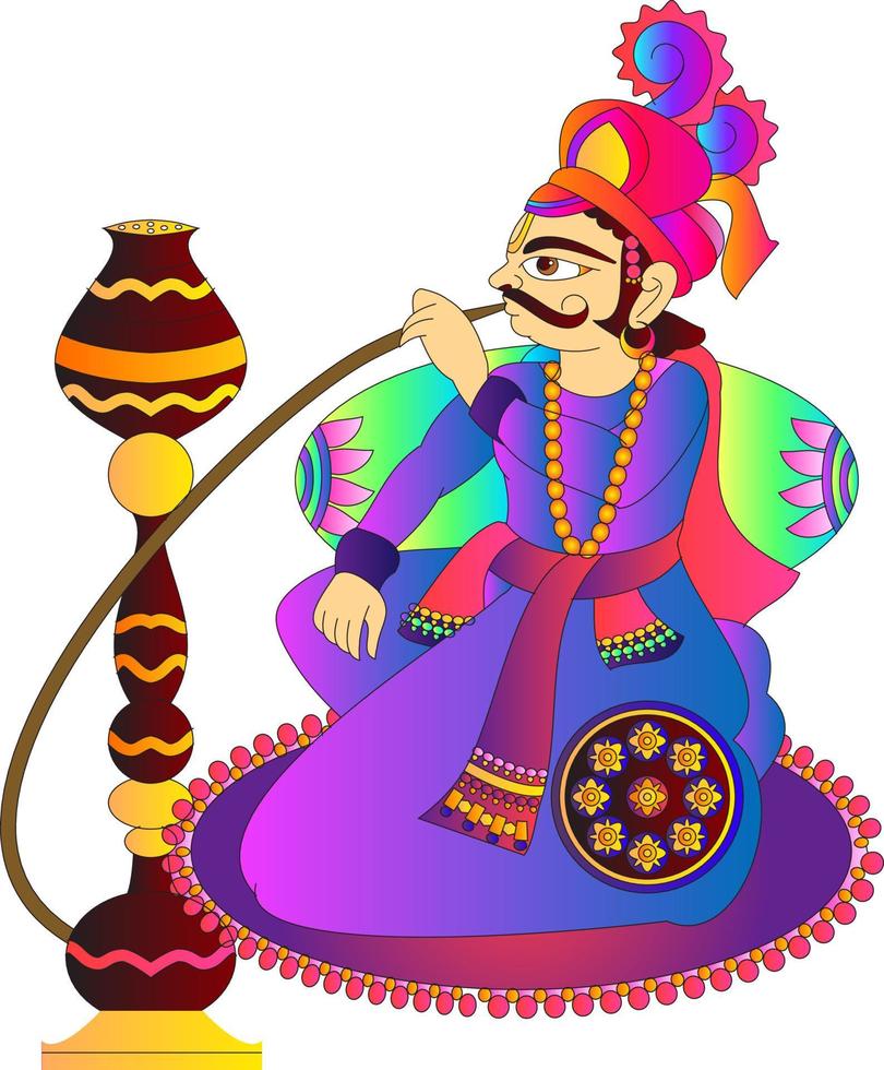 King enjoying hookah, painted in Kalamkari indian folk art style vector
