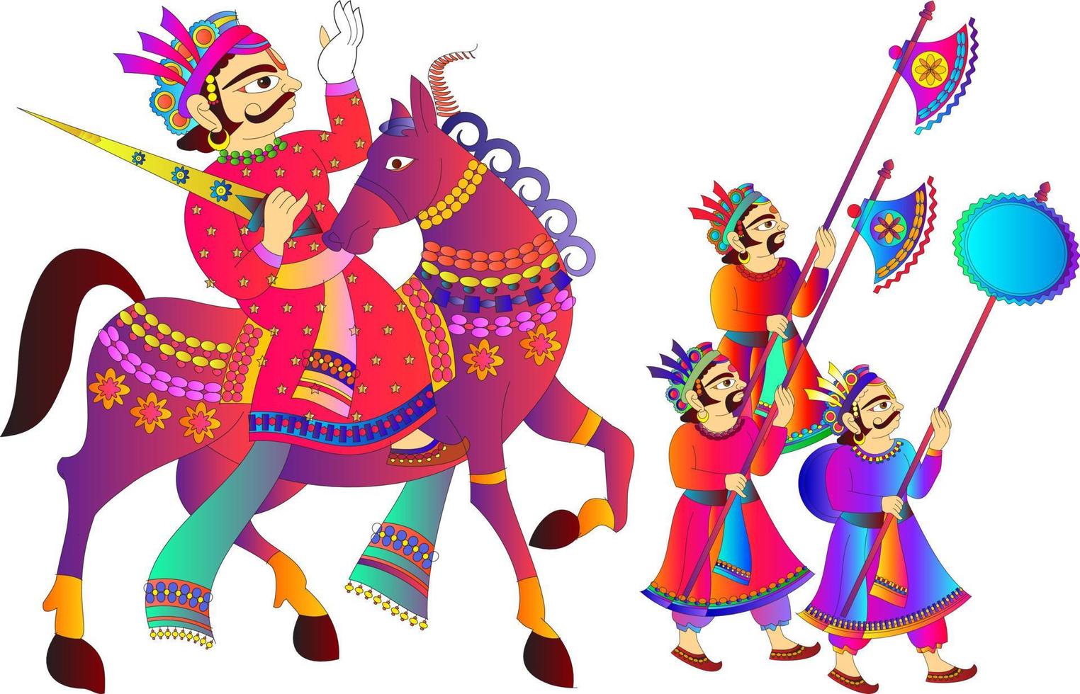 worrier and his army, wall painting, Rajasthan india. in Kalamkari folk style. art vector