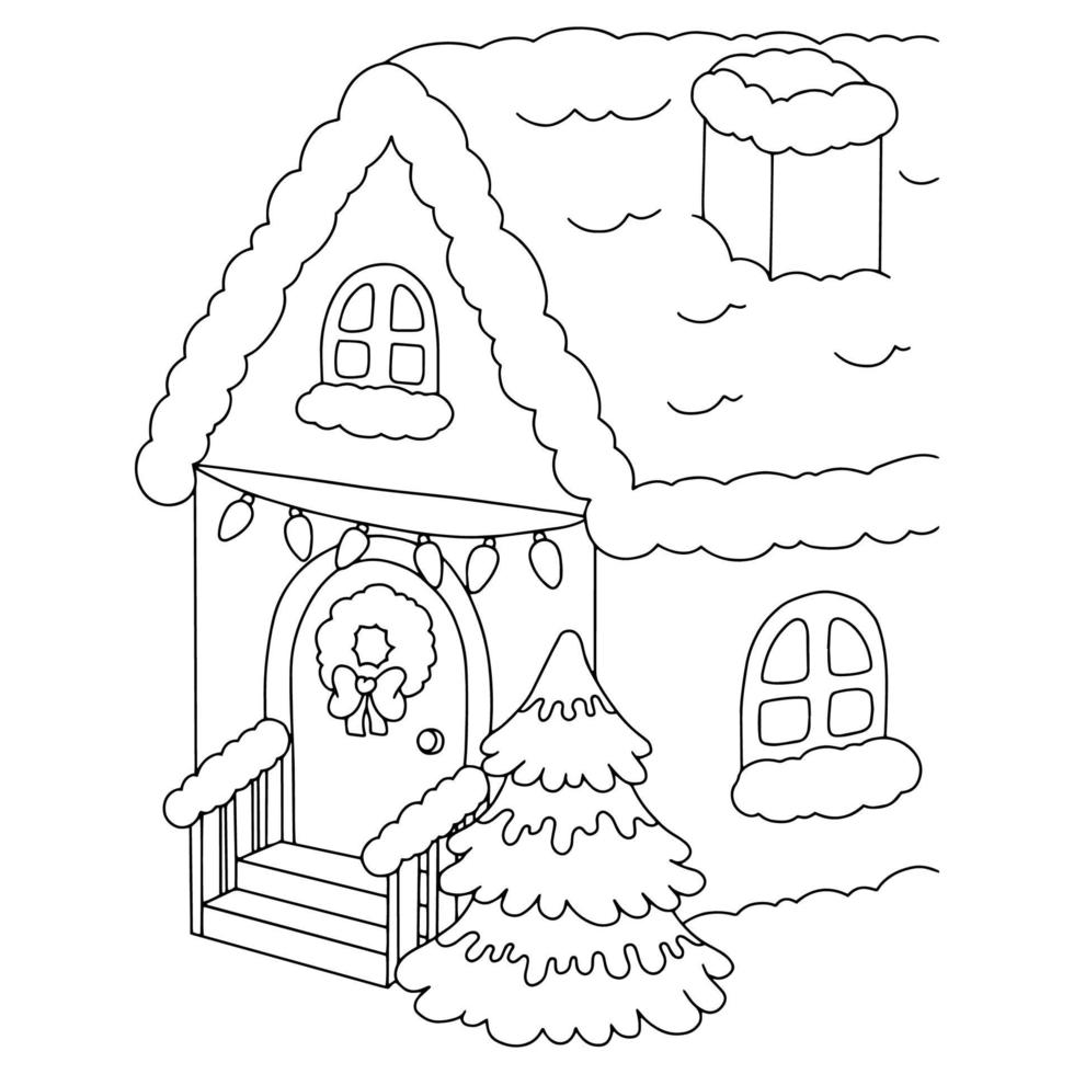 casa de invierno con guirnaldas y un árbol. página de libro para colorear para niños. estilo de dibujos animados. ilustración vectorial aislado sobre fondo blanco. vector