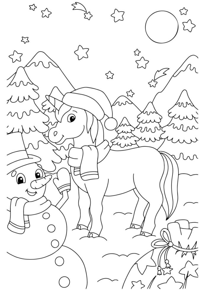 Magic fairy unicorn and snowman with gifts. Cute horse. Coloring book page for kids. Cartoon style character. Vector illustration isolated on white background.