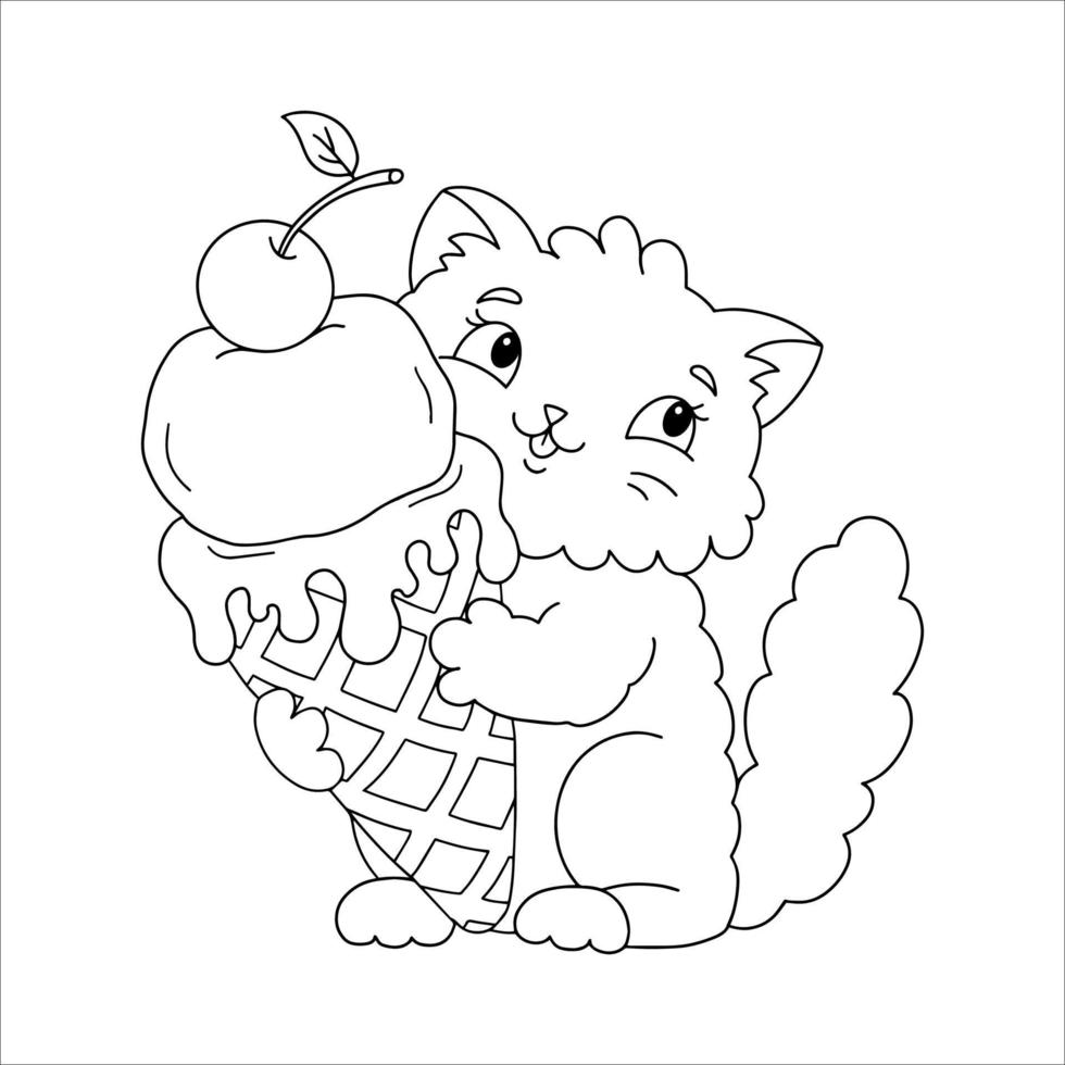 A cute fluffy cat holds delicious appetizing ice cream in its paws. Coloring book page for kids. Cartoon style. Vector illustration isolated on white background.