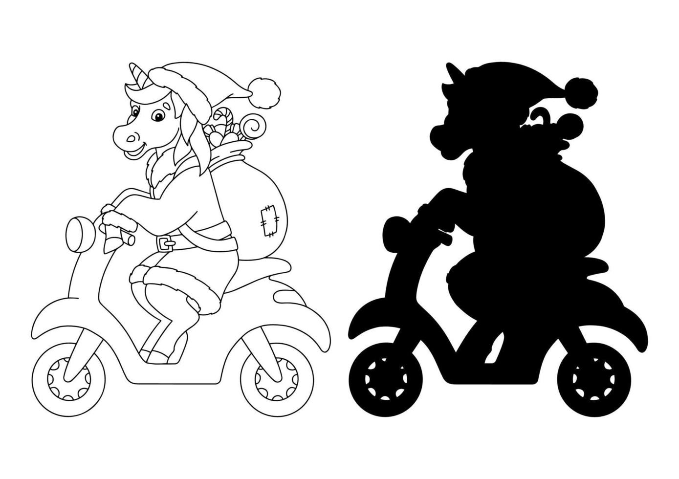 el unicornio lleva regalos de navidad en ciclomotor. página de libro para colorear para niños. personaje de estilo de dibujos animados. ilustración vectorial aislado sobre fondo blanco. vector