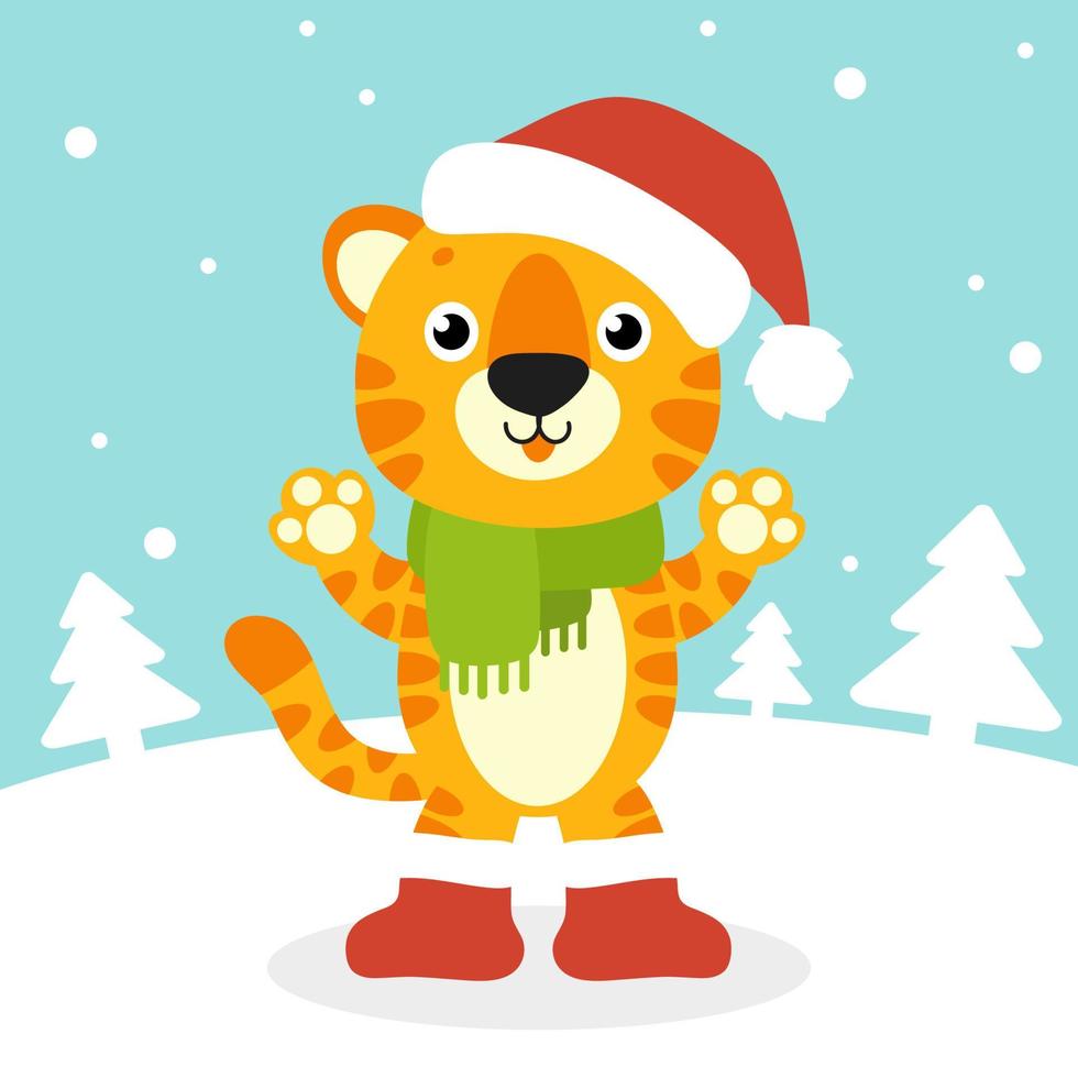 Tiger simbol in a santa hat. Cartoon character. Colorful vector illustration. Isolated on color background. Design element. Template for your design, books, stickers, cards.