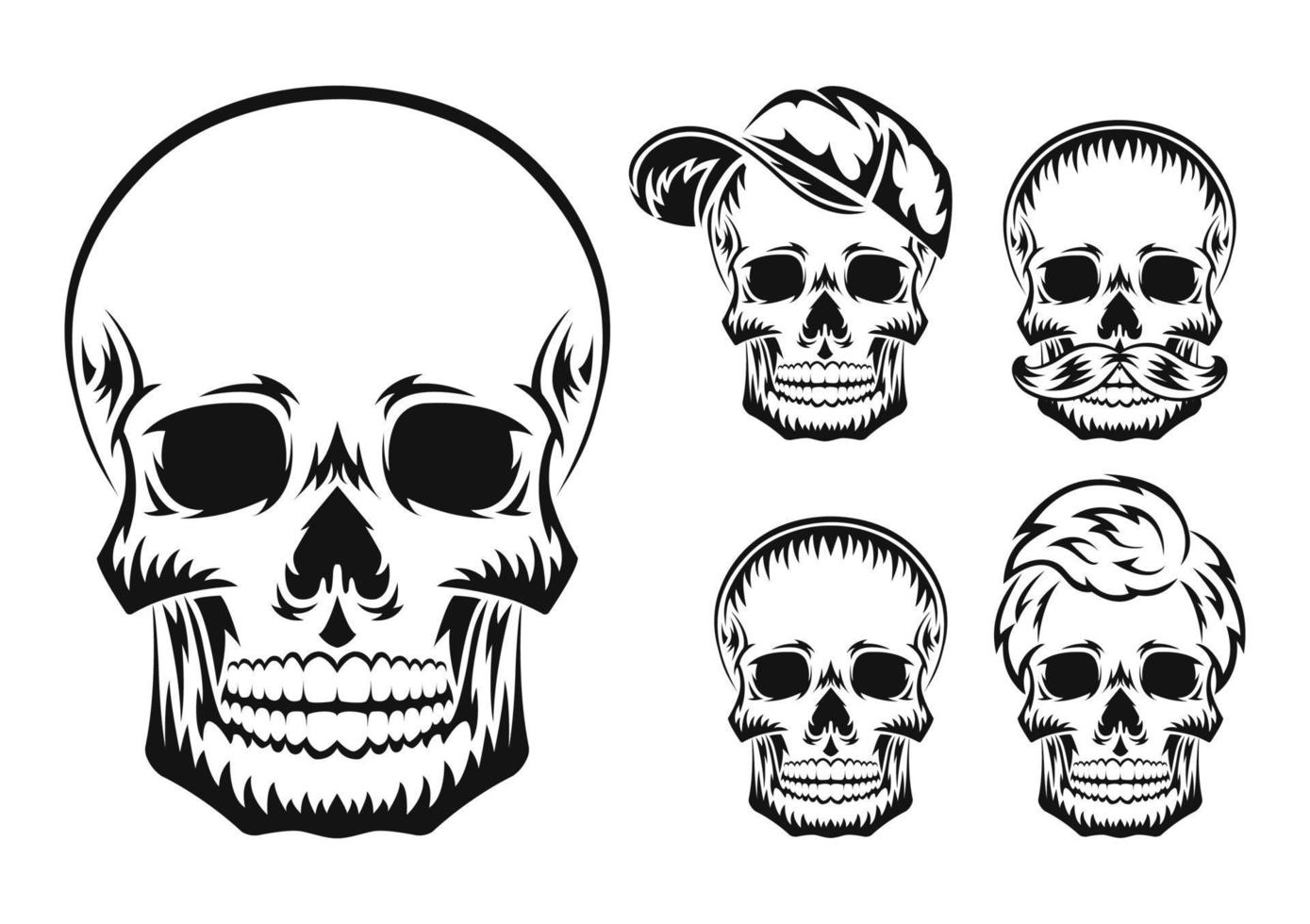 Human skull. Black silhouette. Design element. Hand drawn sketch. Vintage style. Vector illustration isolated on white background.