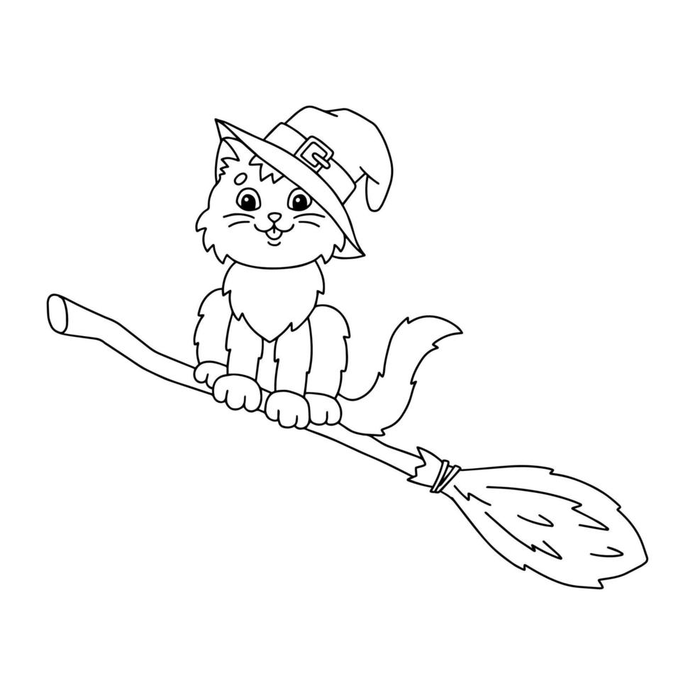 un gato con sombrero de bruja vuela en una escoba. página de libro para colorear para niños. personaje de estilo de dibujos animados. ilustración vectorial aislado sobre fondo blanco. vector