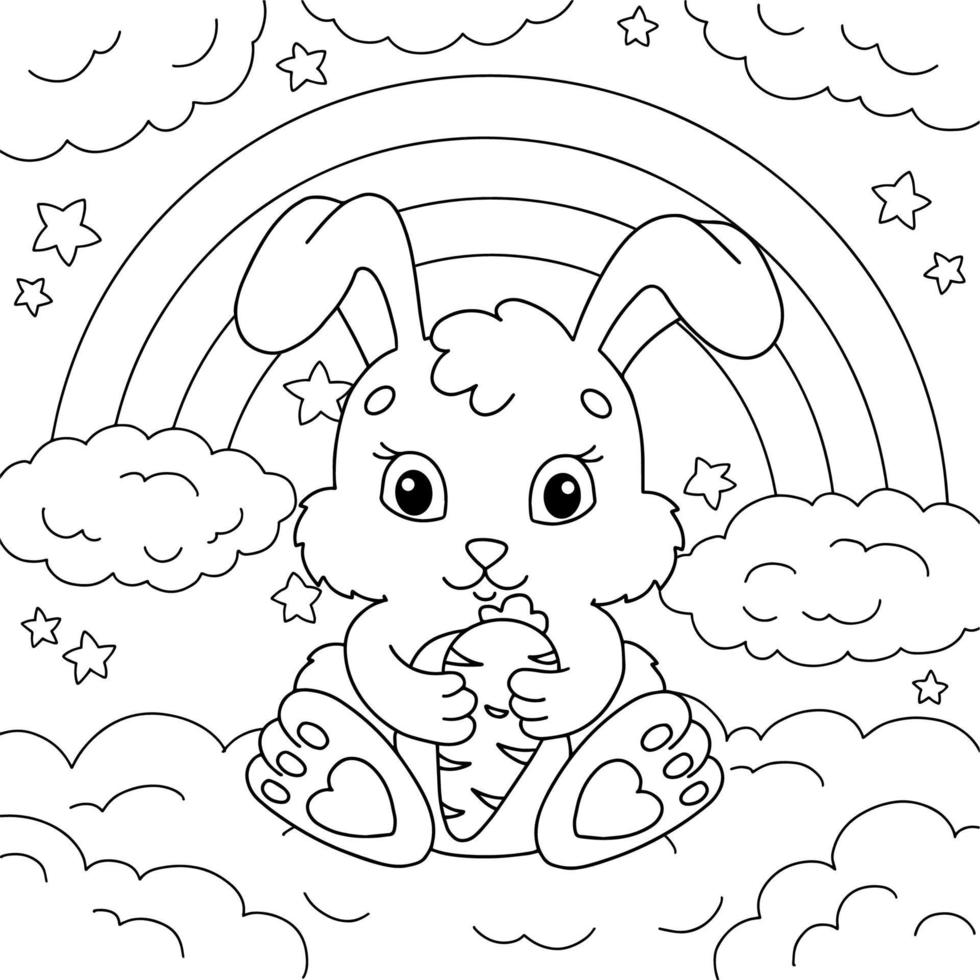 A cute rabbit holds a carrot in its paws. Coloring book page for kids. Cartoon style. Vector illustration isolated on white background.