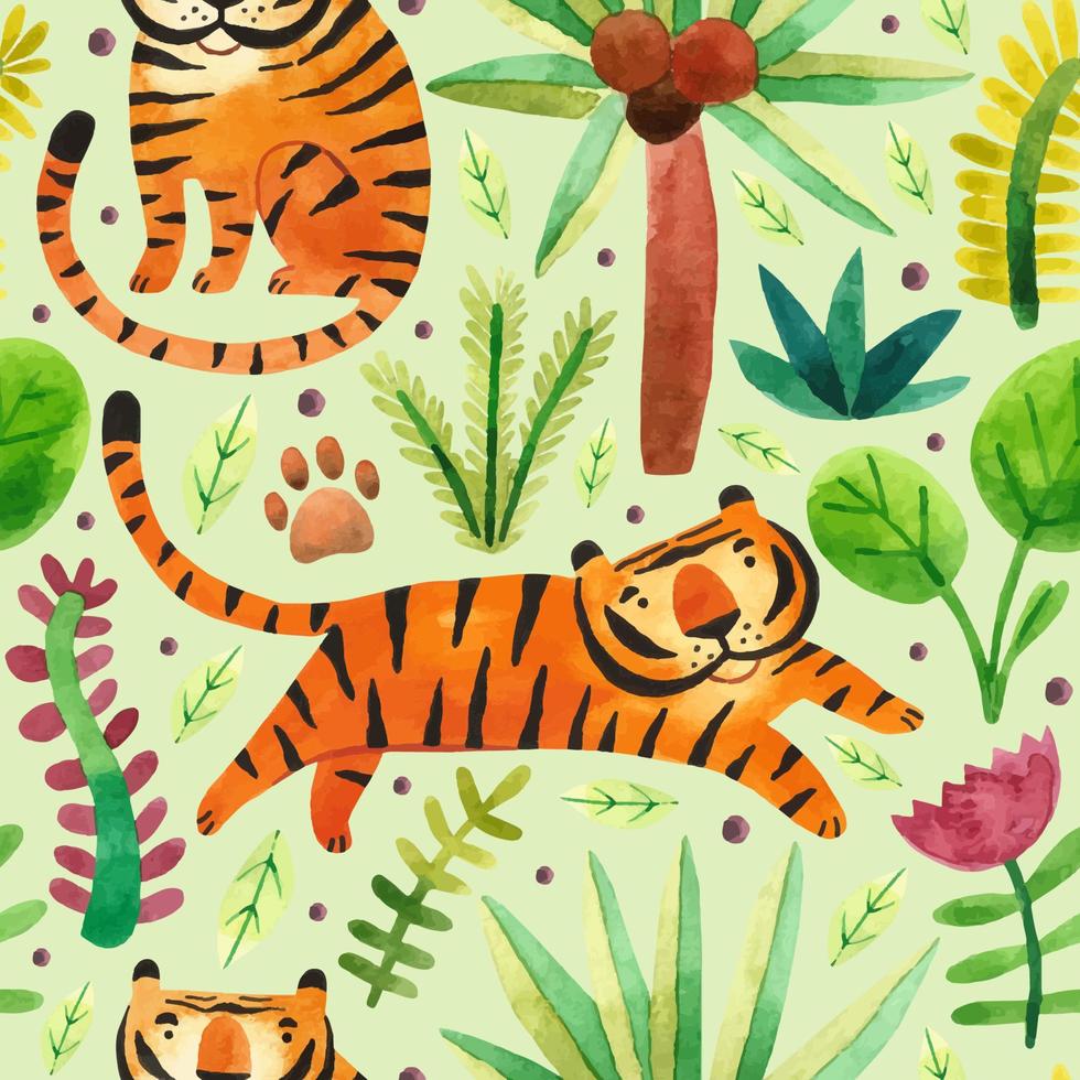 tigres en la selva grandes felinos salvajes y plantas tropicales símbolo del zodíaco del año acuarela dibujada a mano de patrones sin fisuras textura fondo diseño de empaque vector