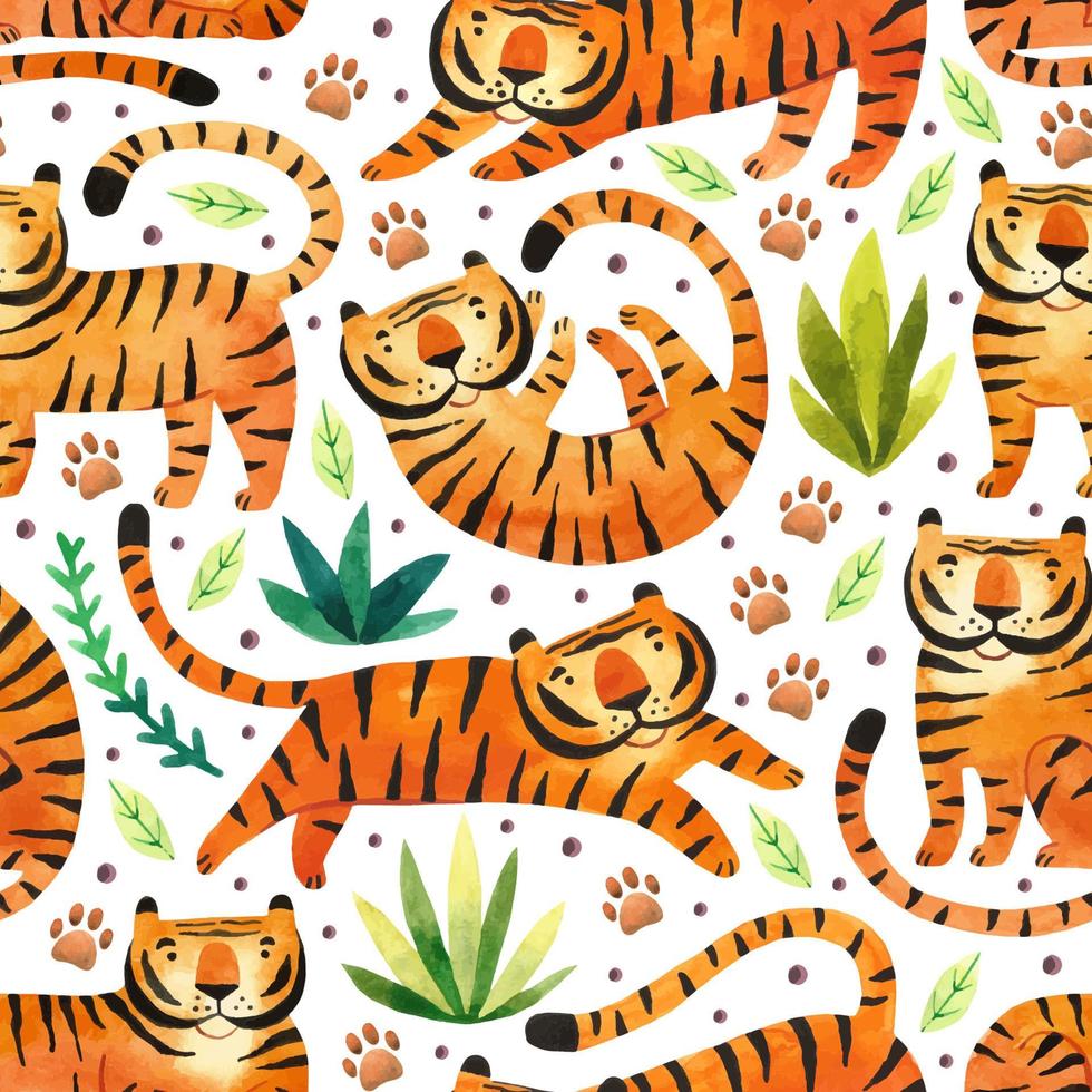 Tigers in rainforest big wild cats and tropical plants zodiac symbol of the year watercolor hand drawn seamless pattern texture background packaging design vector