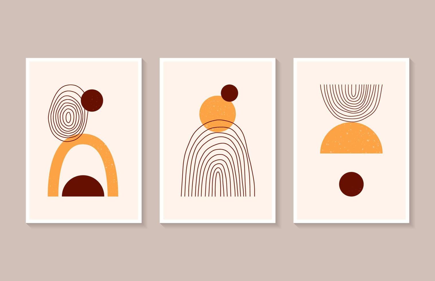 A set of three abstract posters to decorate the interior. Geometric shapes and hand-drawn lines. vector