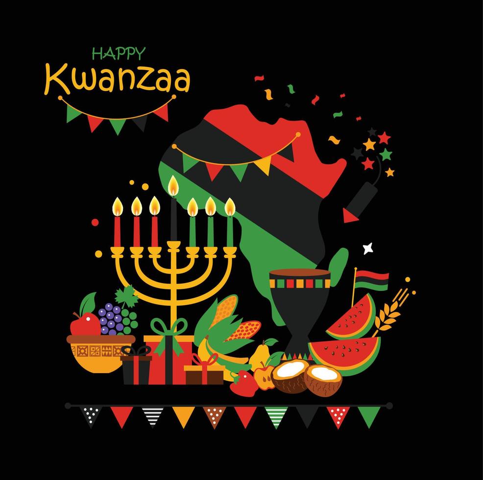 Vector card of celebration Happy Kwanzaa. Holiday symbols on black background in african map.