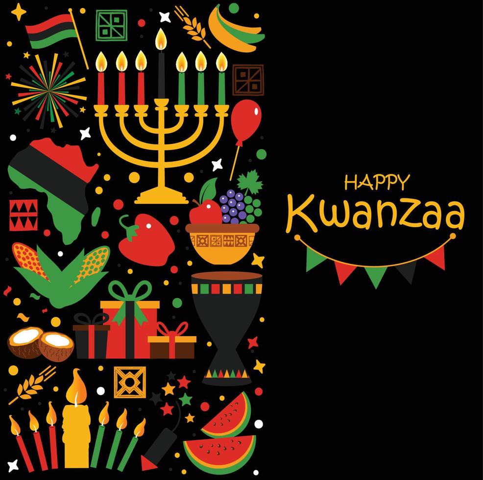 Vector card with collection of Happy Kwanzaa. Holiday symbols on black background. Vector illustration.