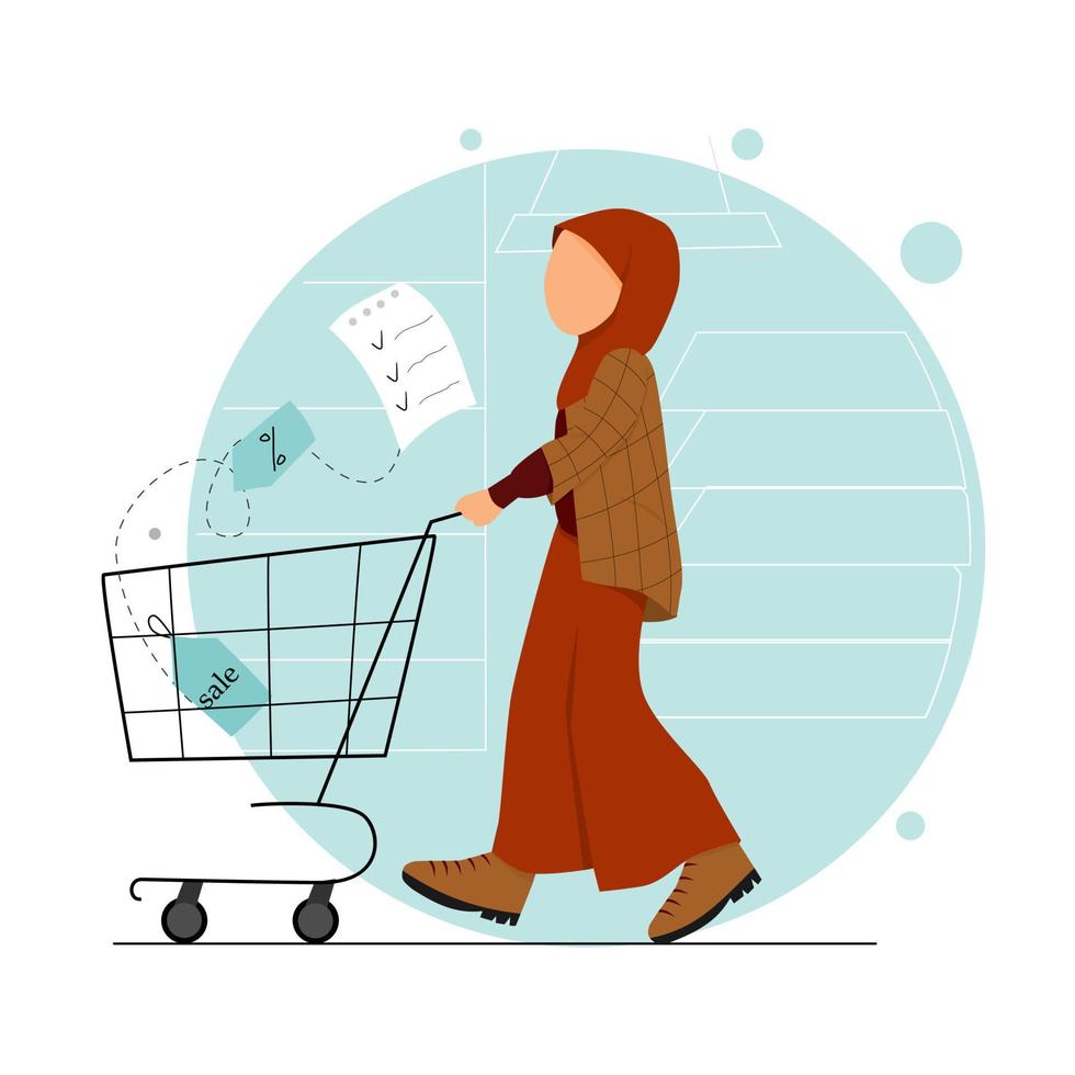 fashionable muslim woman with shopping cart vector