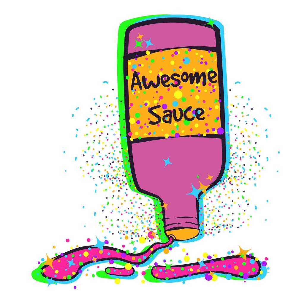 Ilustración de neón de una salsa increíble con brillos y destellos. botella rosa de salsa de tomate derramando un líquido fabuloso sobre la mesa. vector