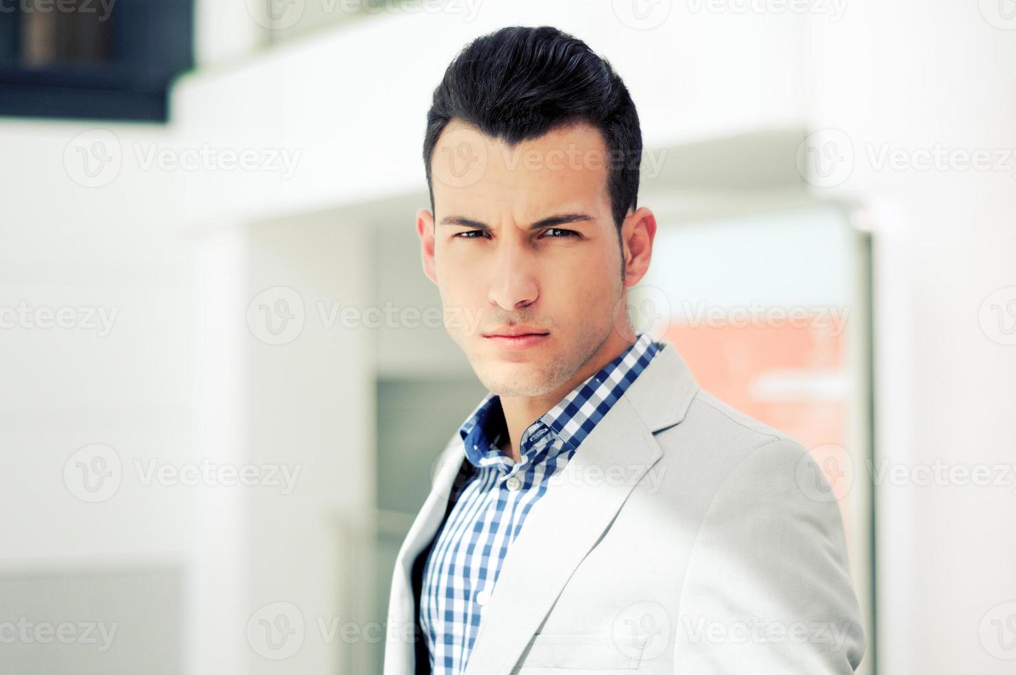 young handsome man, model of fashion, wearing jacket and shirt photo