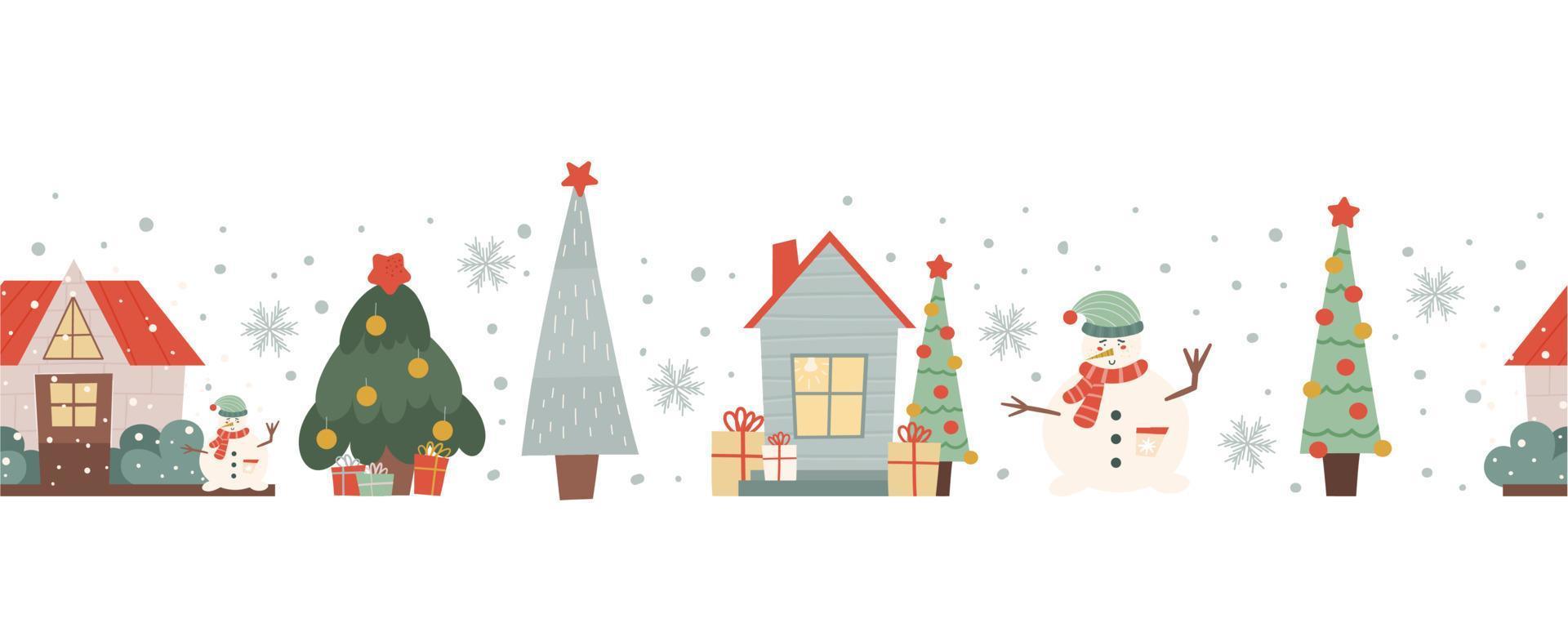 frontera sin costuras de invierno con casas, árboles de Navidad y un muñeco de nieve. Navidad de patrones sin fisuras. ilustración vectorial en estilo plano. vector