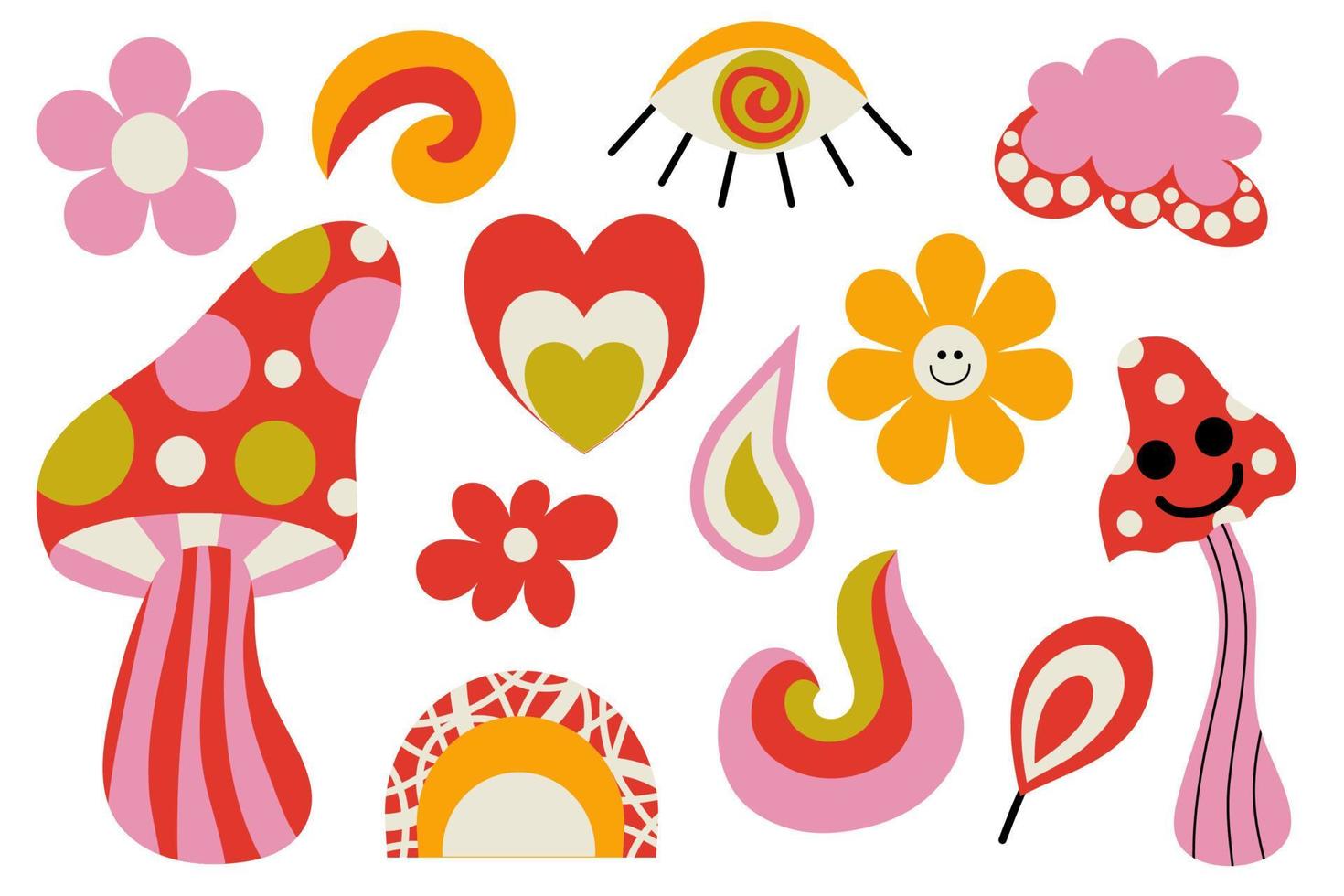 Groovy set in doodle style isolated on white background. Vintage floral illustration. Surreal psychedelic vector illustration with mushrooms, flowers, curls and rainbow